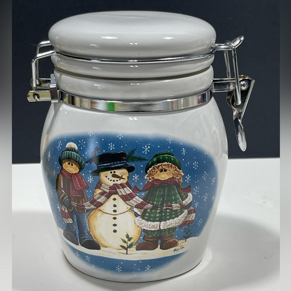 Designpac Mindy Cain Snowman Airtight Latched Lid Ceramic Canister (T39) - Picture 1 of 12